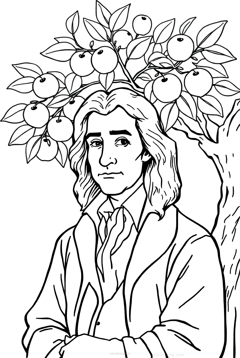 Isaac Newton Under Apple Tree coloring page for kids
