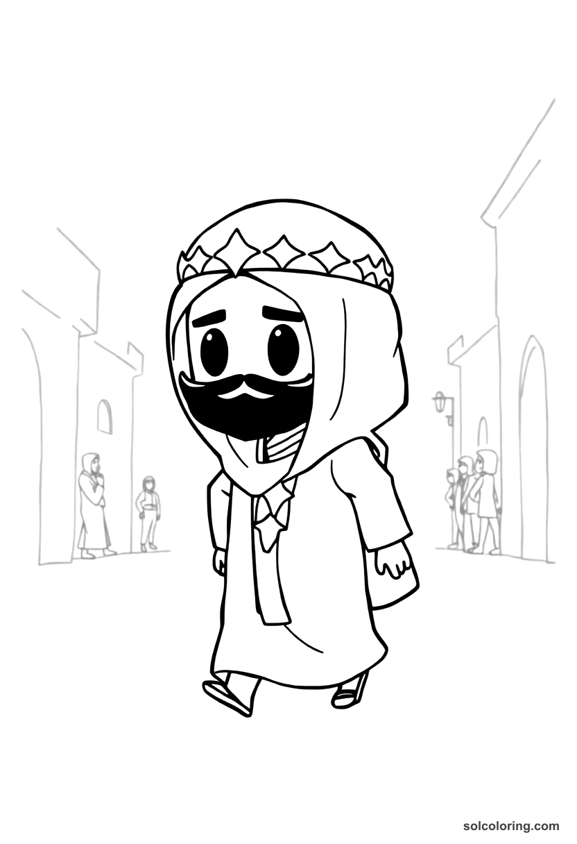 Chibi Ja'far the vizier walking the streets of Baghdad coloring page, free printable chibi style