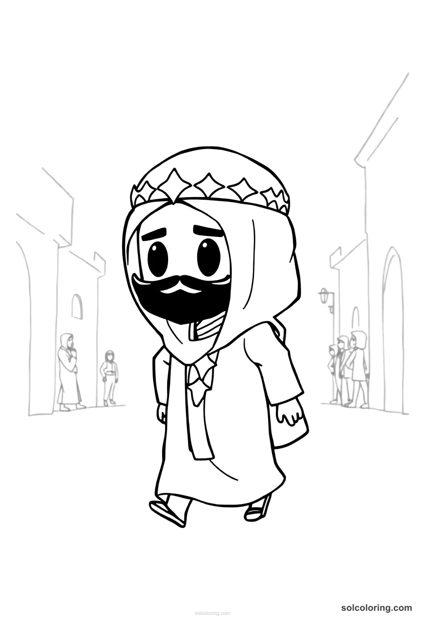 Chibi Ja'far the vizier walking the streets of Baghdad chibi coloring page for kids