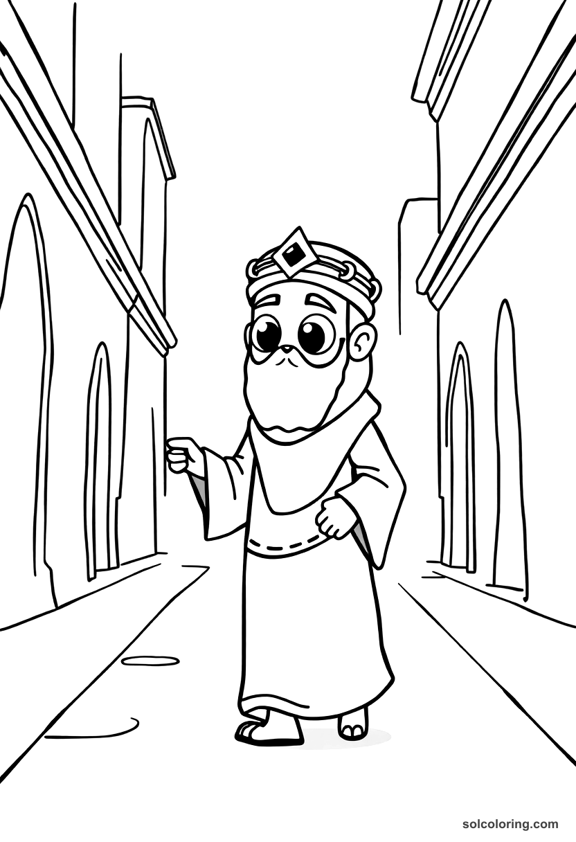 Cute Cartoon Ja'far the vizier walking the streets of Baghdad coloring page, free printable cute cartoon style