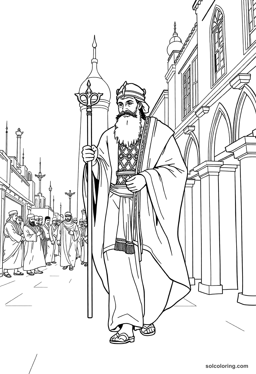 Ja'far the vizier walking the streets of Baghdad coloring page, free printable detailed style
