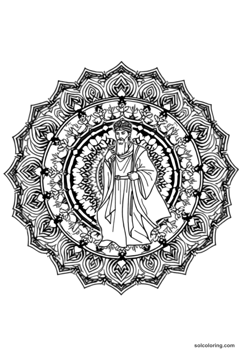 Mandala Ja'far the vizier walking the streets of Baghdad coloring page, free printable mandala style