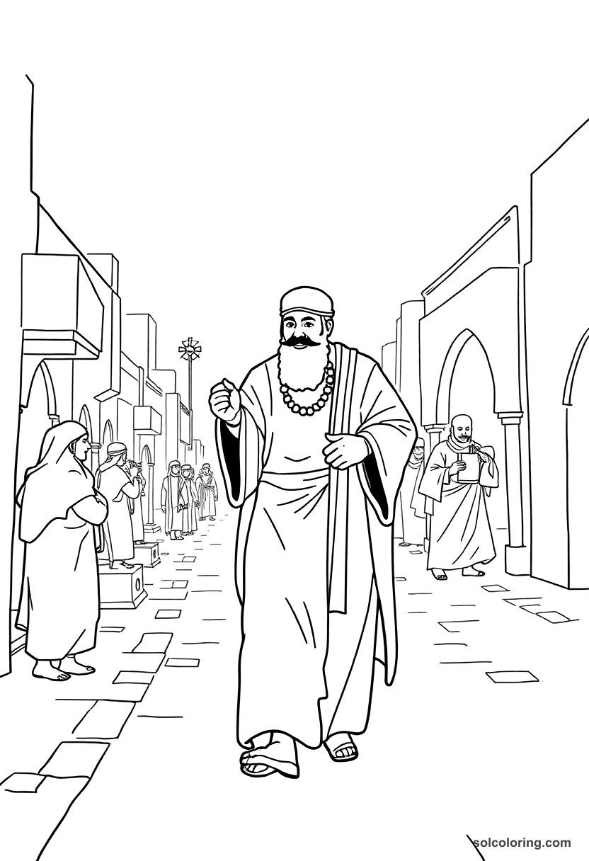 Simple Ja'far the vizier walking the streets of Baghdad coloring page, free printable simple style