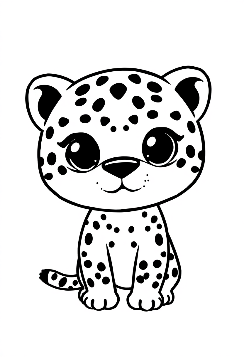 Jaguar by water coloring page showing cute chibi-style big cat sitting next to stream with bold black outlines