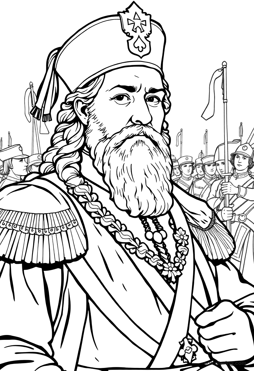 Jan III Sobieski at the Battle of Vienna coloring page, free printable realistic style