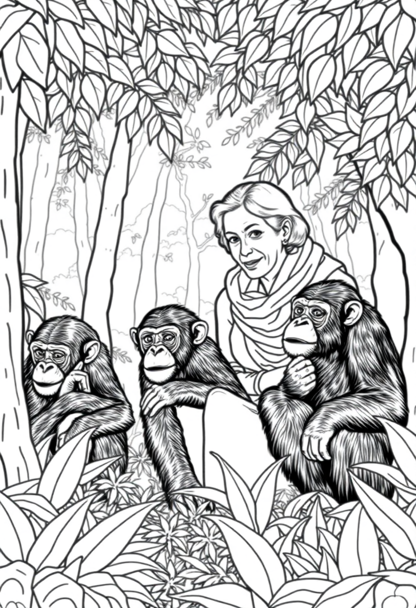 Jane Goodall with Chimpanzees in Forest coloring page, free printable