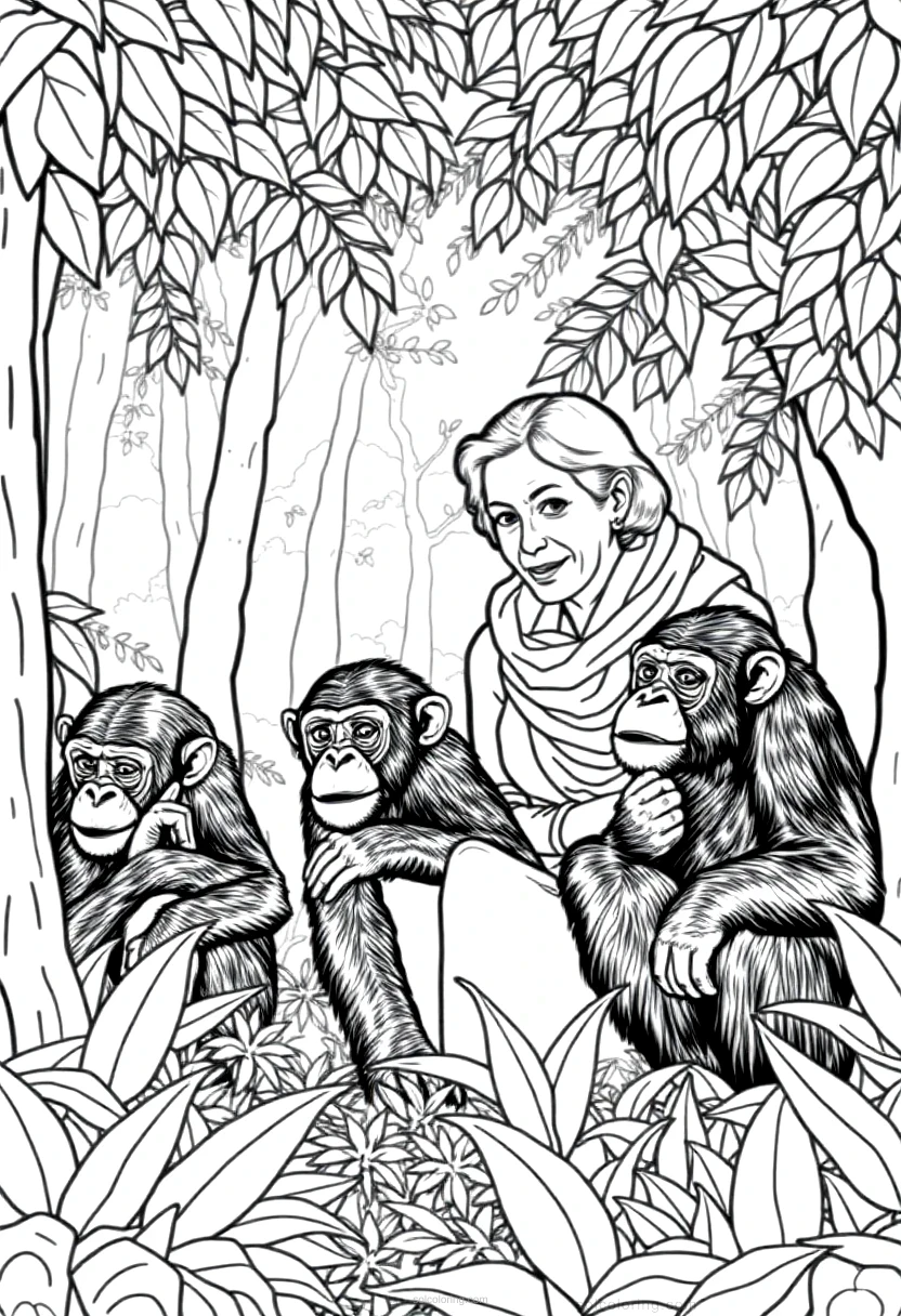Jane Goodall with Chimpanzees in Forest coloring page for kids