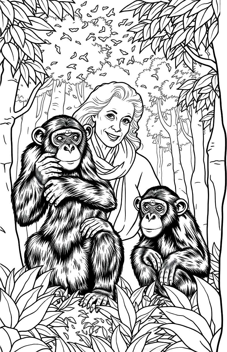 Jane Goodall with Chimpanzees in Forest coloring page, free printable