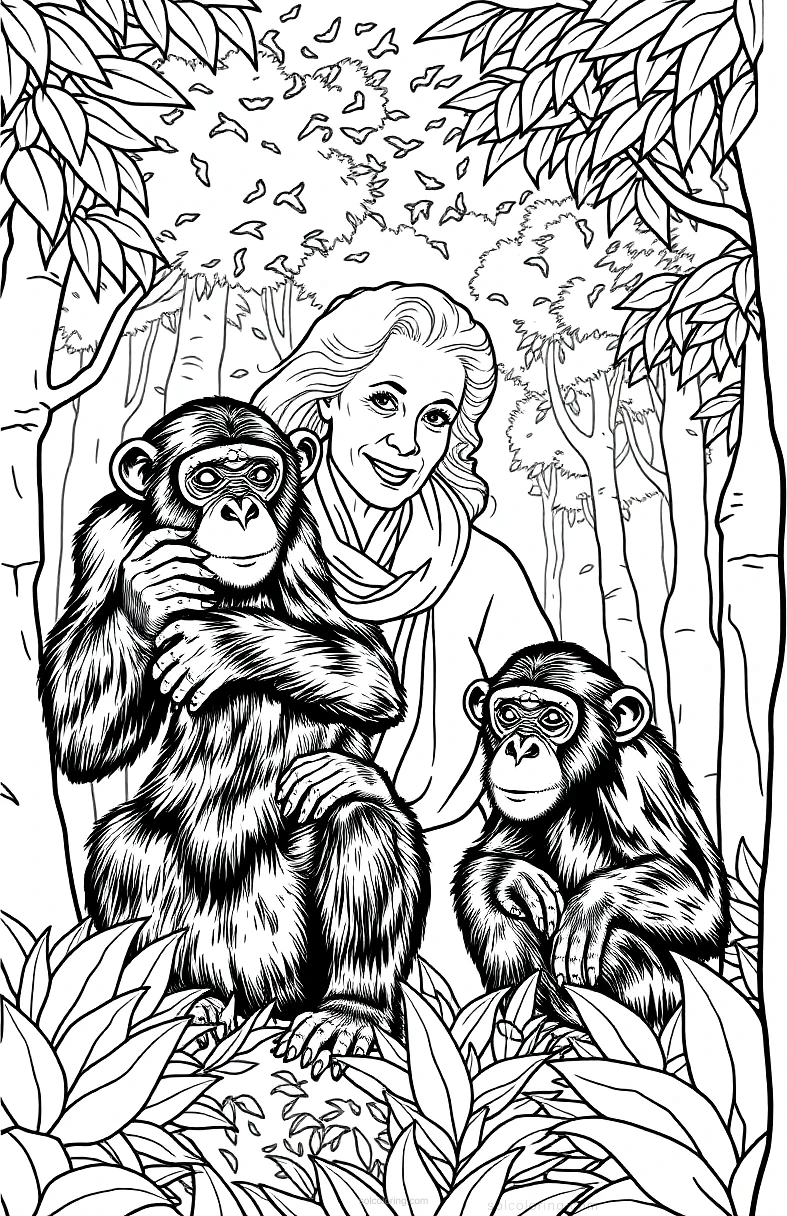 Jane Goodall with Chimpanzees in Forest coloring page for kids
