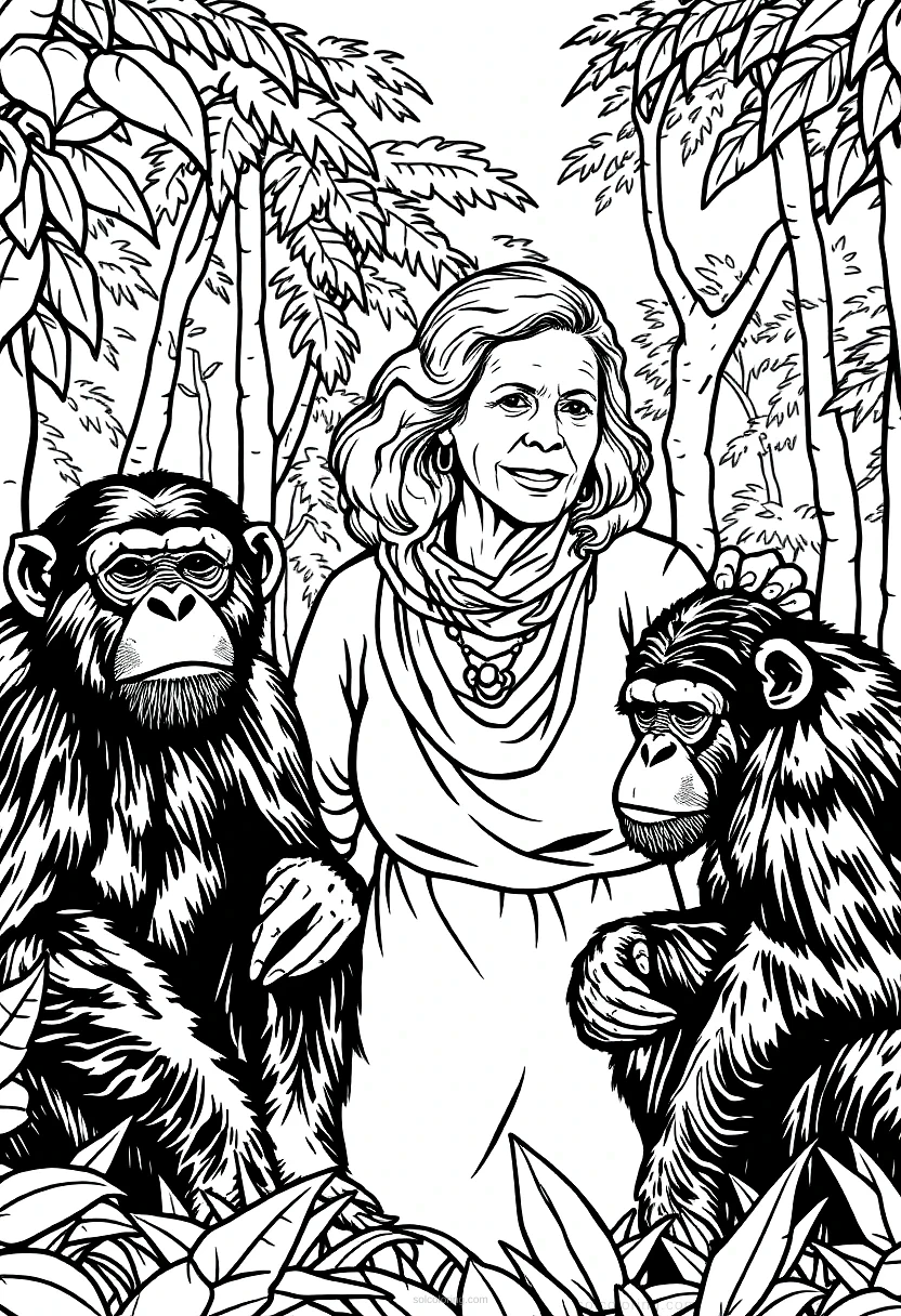 Jane Goodall with Chimpanzees in Forest coloring page for kids