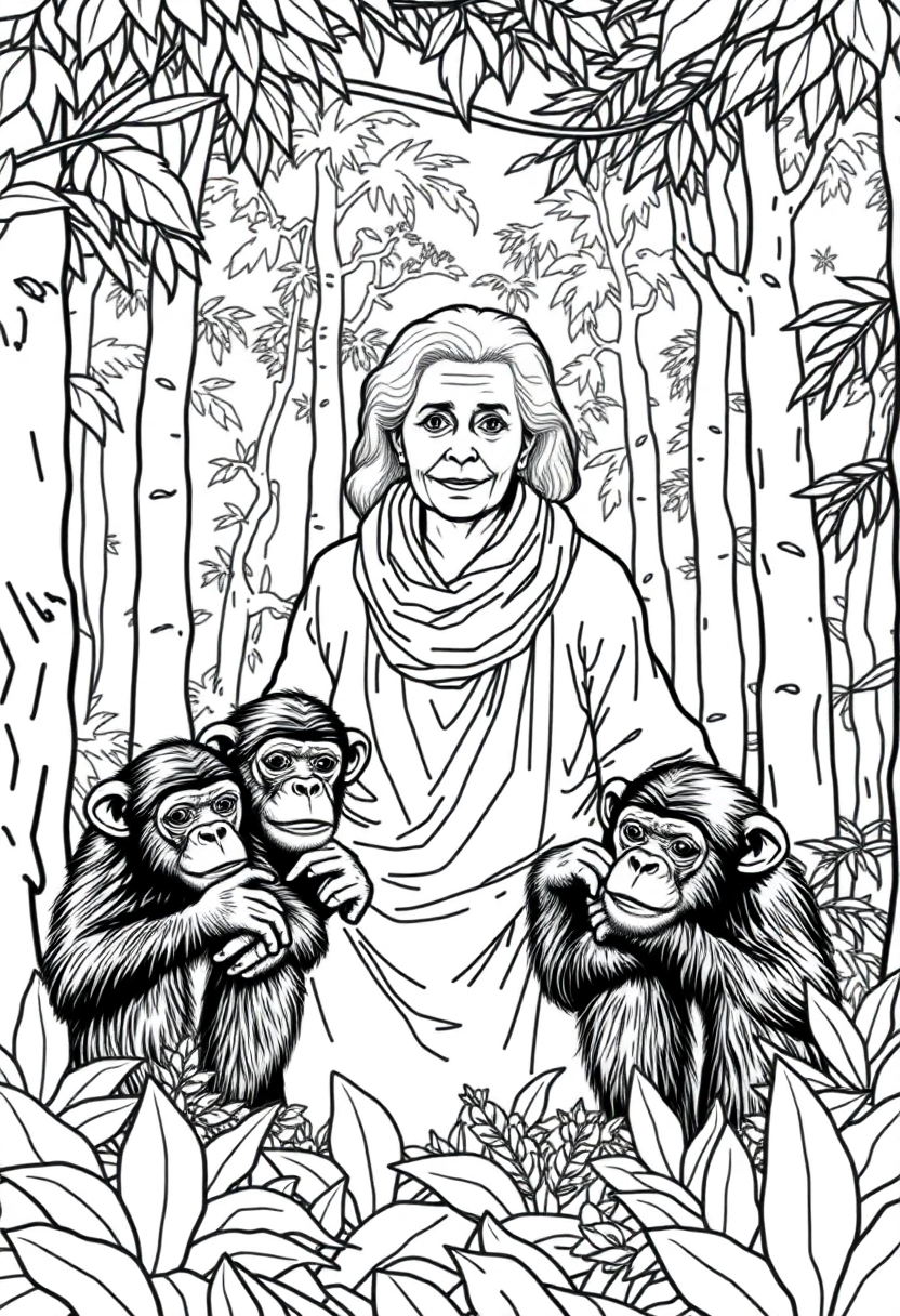 Jane Goodall with Chimpanzees in Forest coloring page, free printable