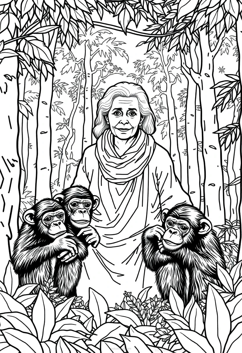 Jane Goodall with Chimpanzees in Forest coloring page for kids