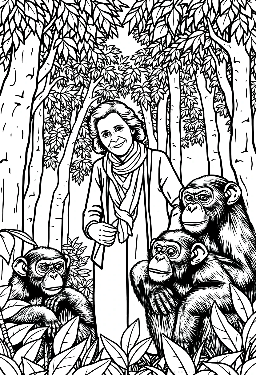 Jane Goodall With Chimpanzees In Forest coloring pages