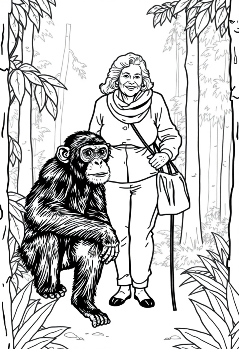 Jane Goodall with Chimpanzees in Forest coloring page, free printable