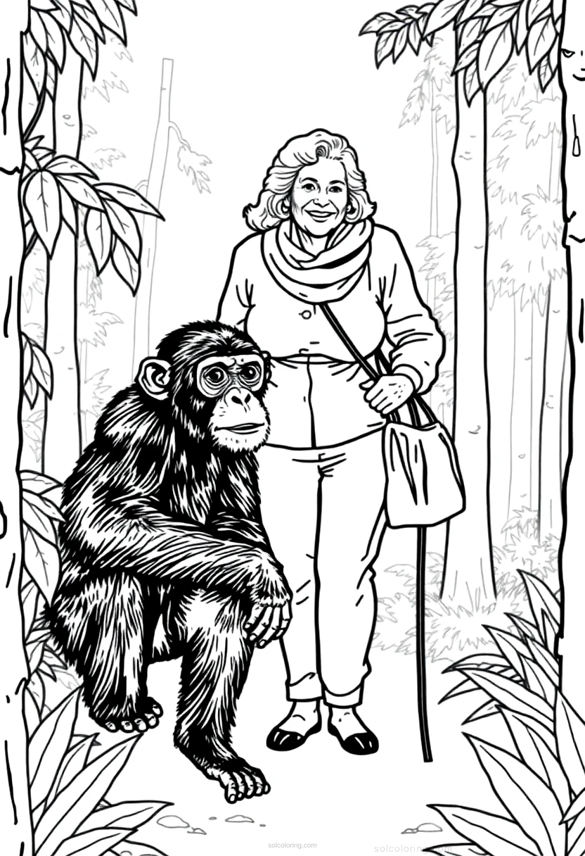 Jane Goodall with Chimpanzees in Forest coloring page for kids