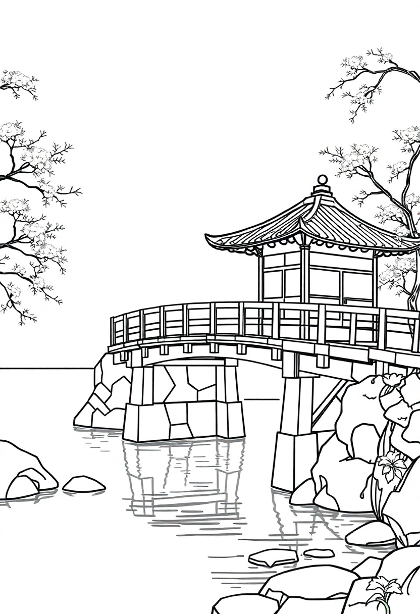 Japanese Bridge Over Water coloring page, free printable