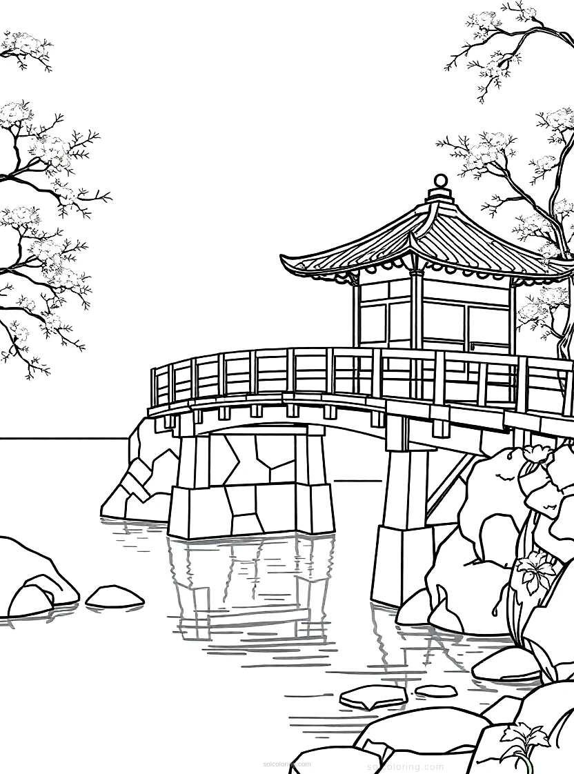 Japanese Bridge Over Water coloring page for kids