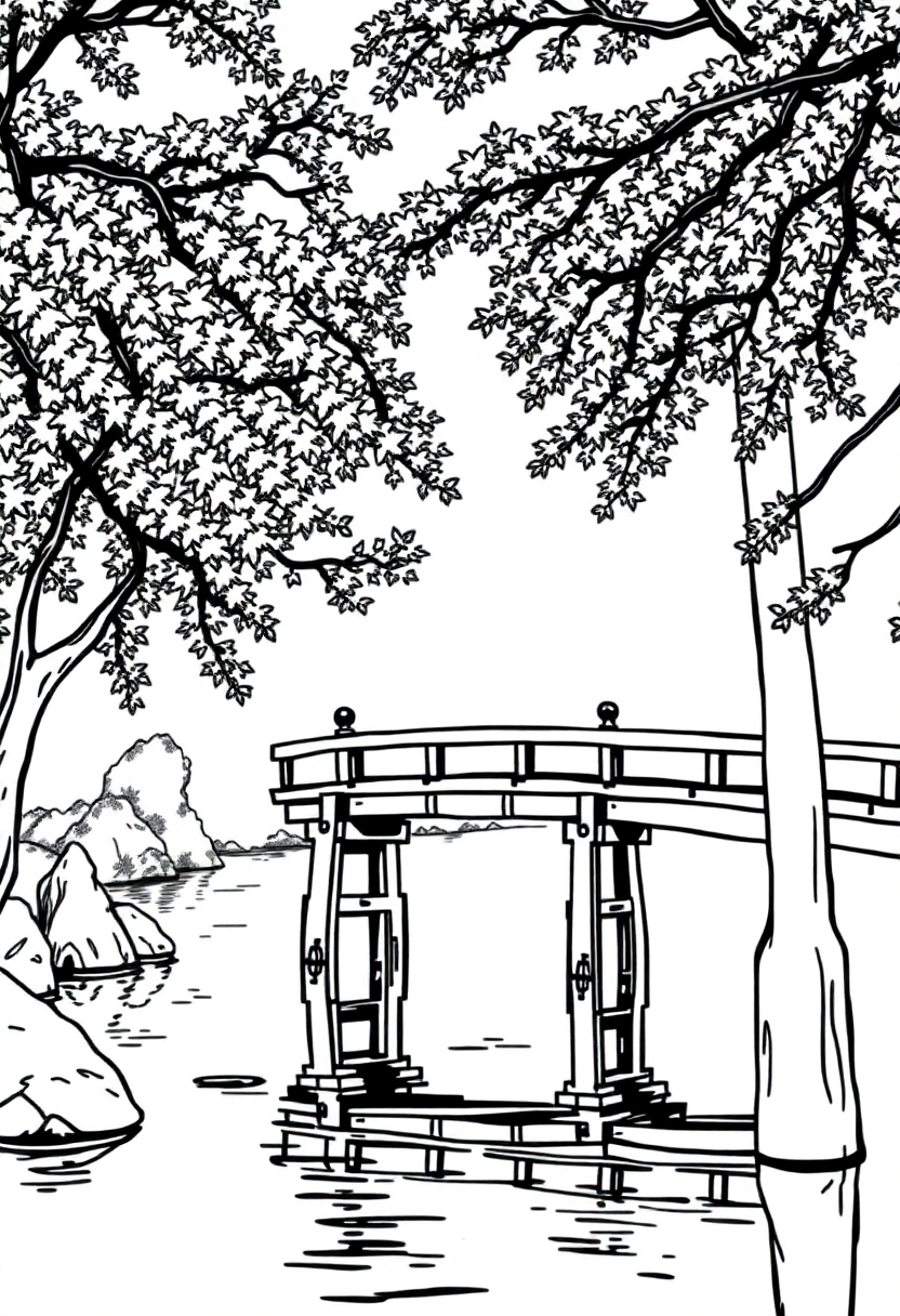 Japanese Bridge Over Water coloring page, free printable
