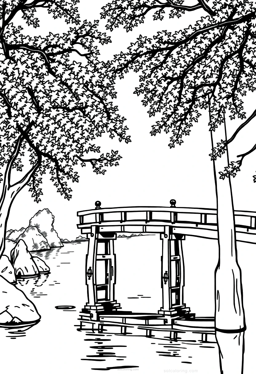 Japanese Bridge Over Water coloring page for kids