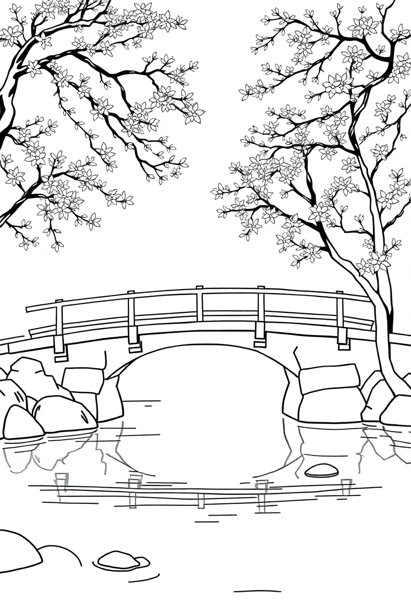 Japanese Bridge Over Water coloring page, free printable