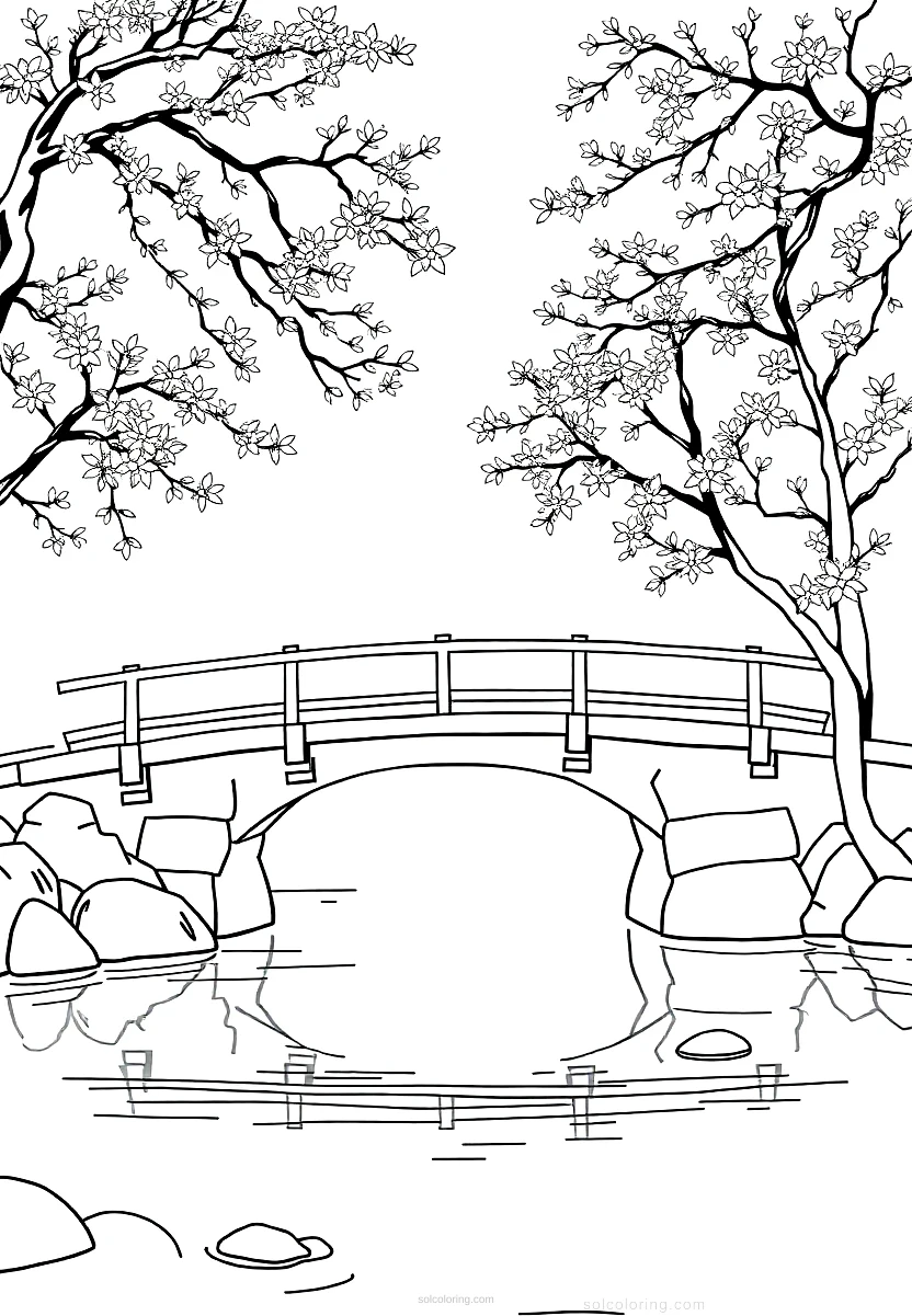 Japanese Bridge Over Water coloring page for kids