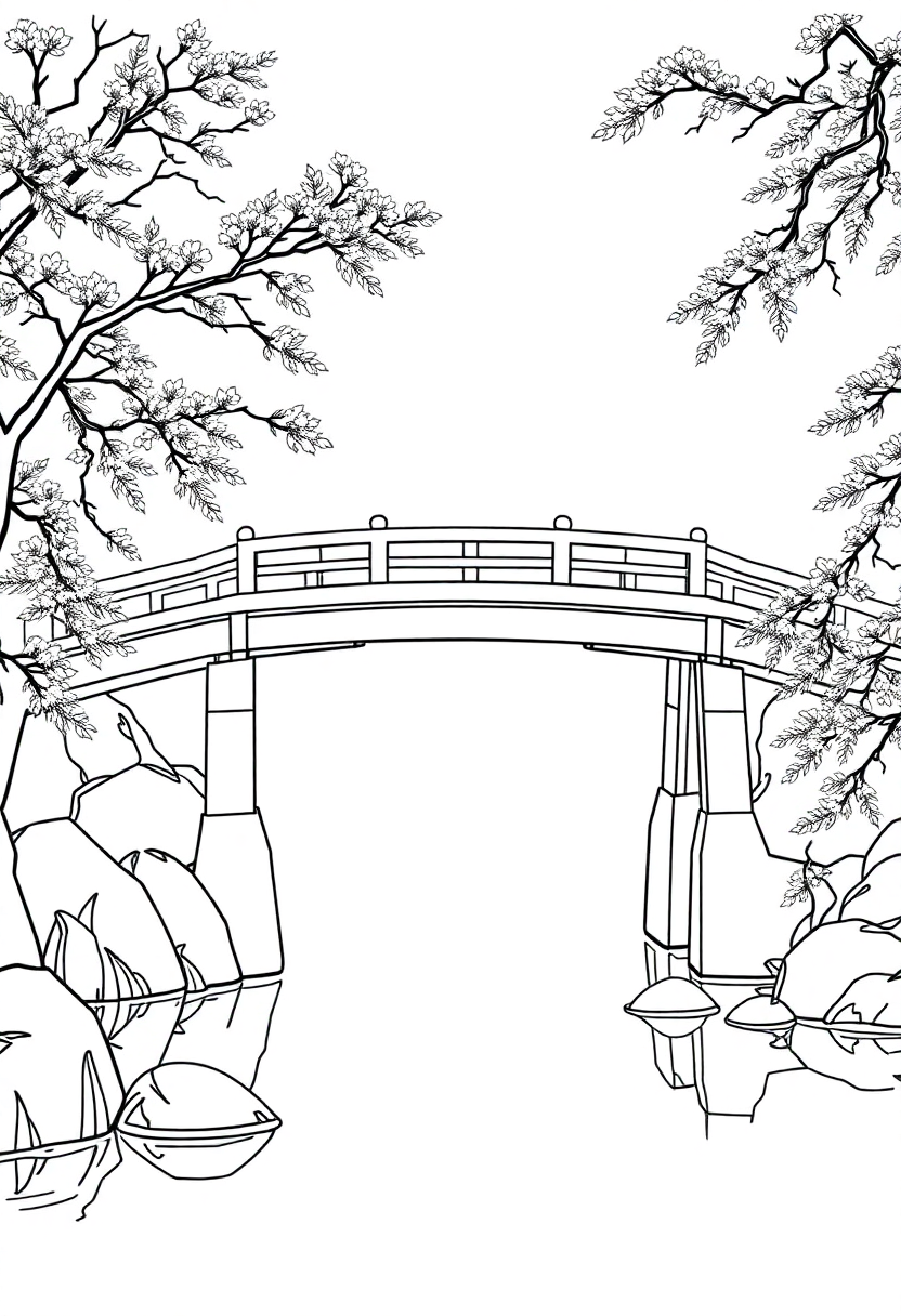 Japanese bridge over water coloring page with bold outlines showing arched bridge and flowing water details