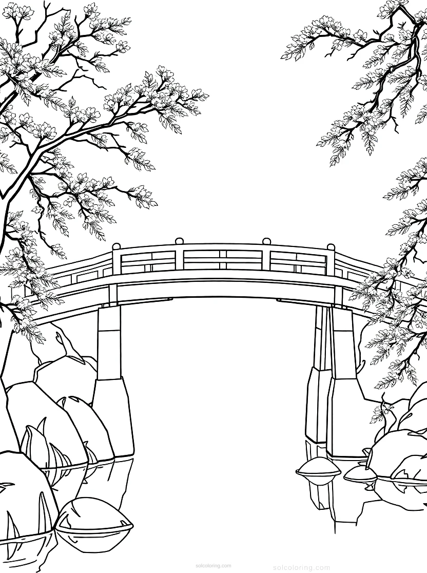 Japanese Bridge Over Water coloring page for kids