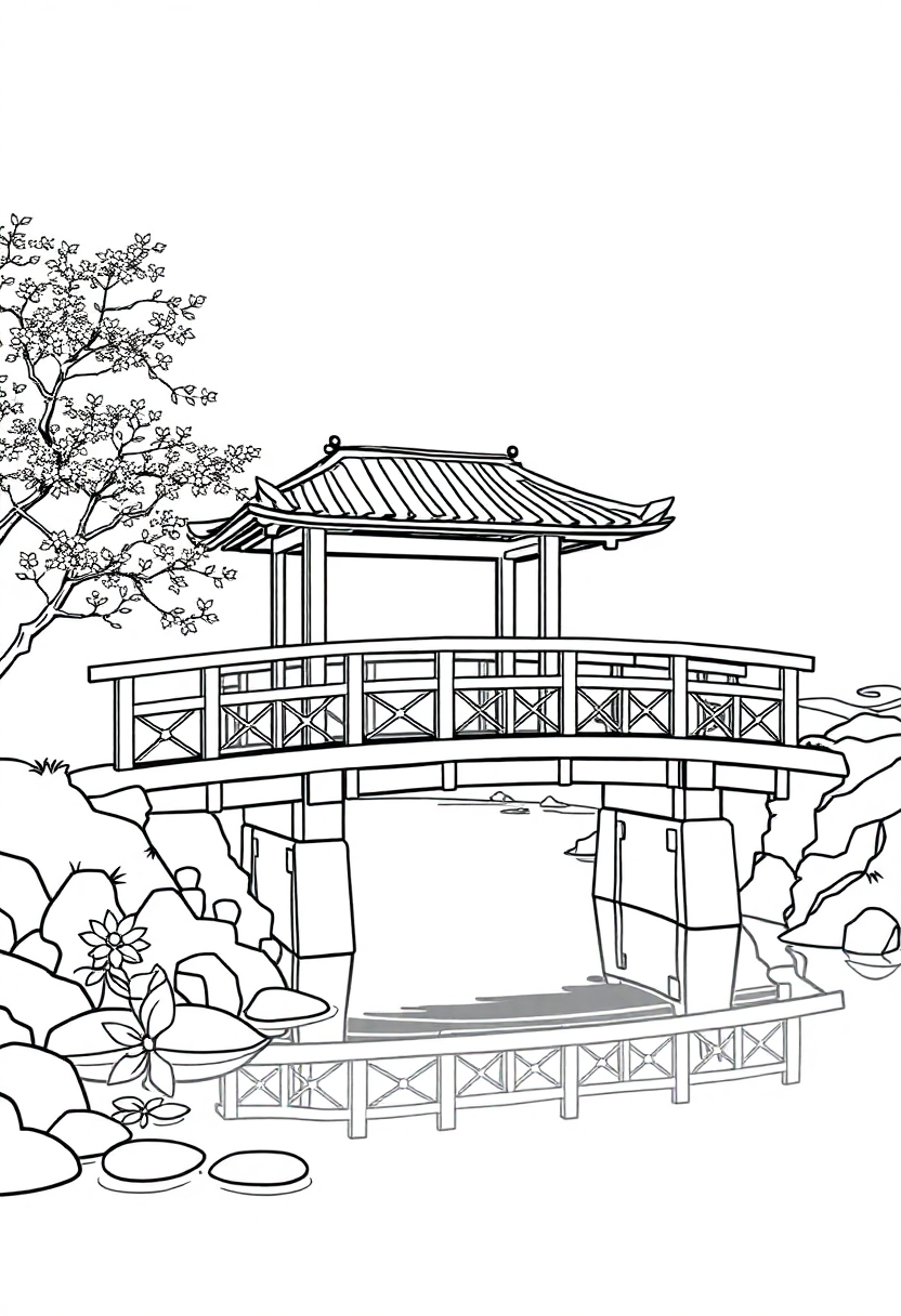Japanese Bridge Over Water coloring page, free printable