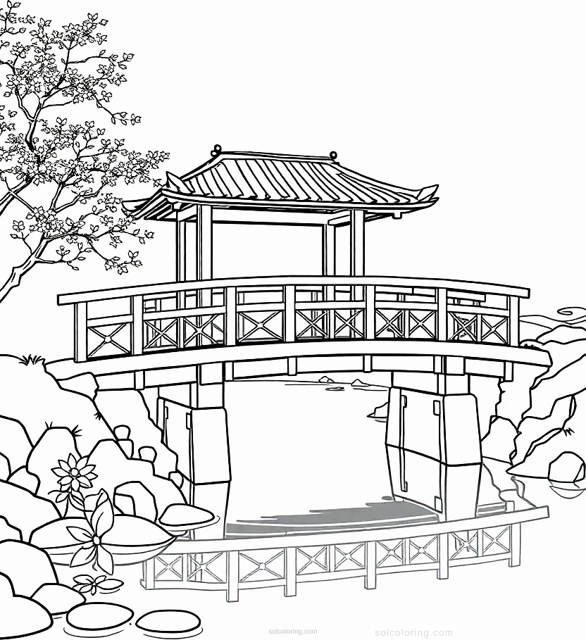Japanese Bridge Over Water coloring page for kids