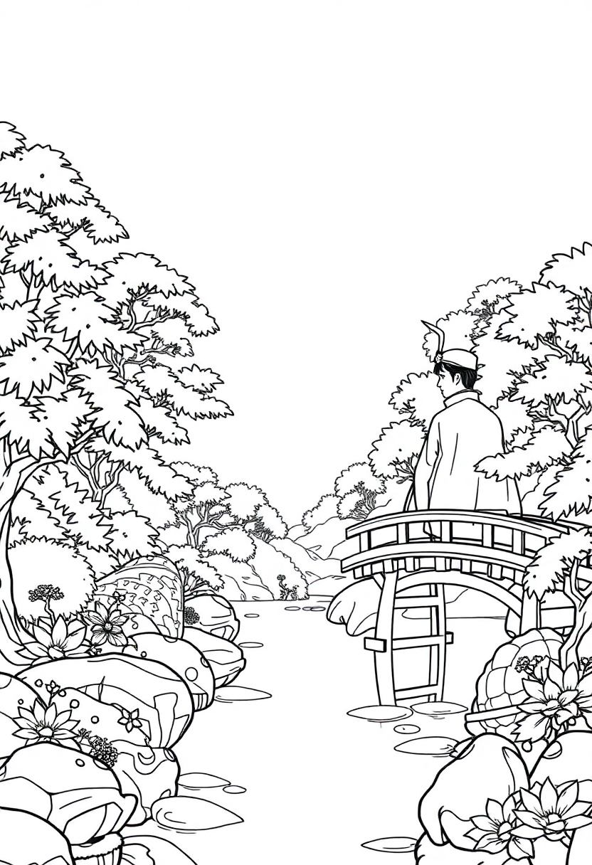 Japanese Garden with Bridge coloring page, free printable