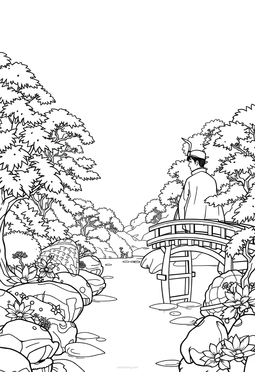 Japanese Garden with Bridge coloring page for kids