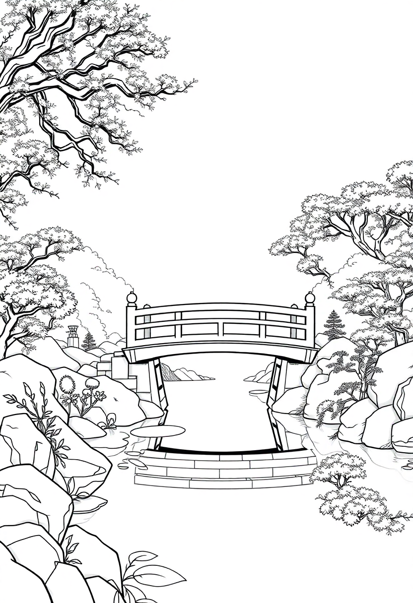 Japanese Garden with Bridge coloring page, free printable