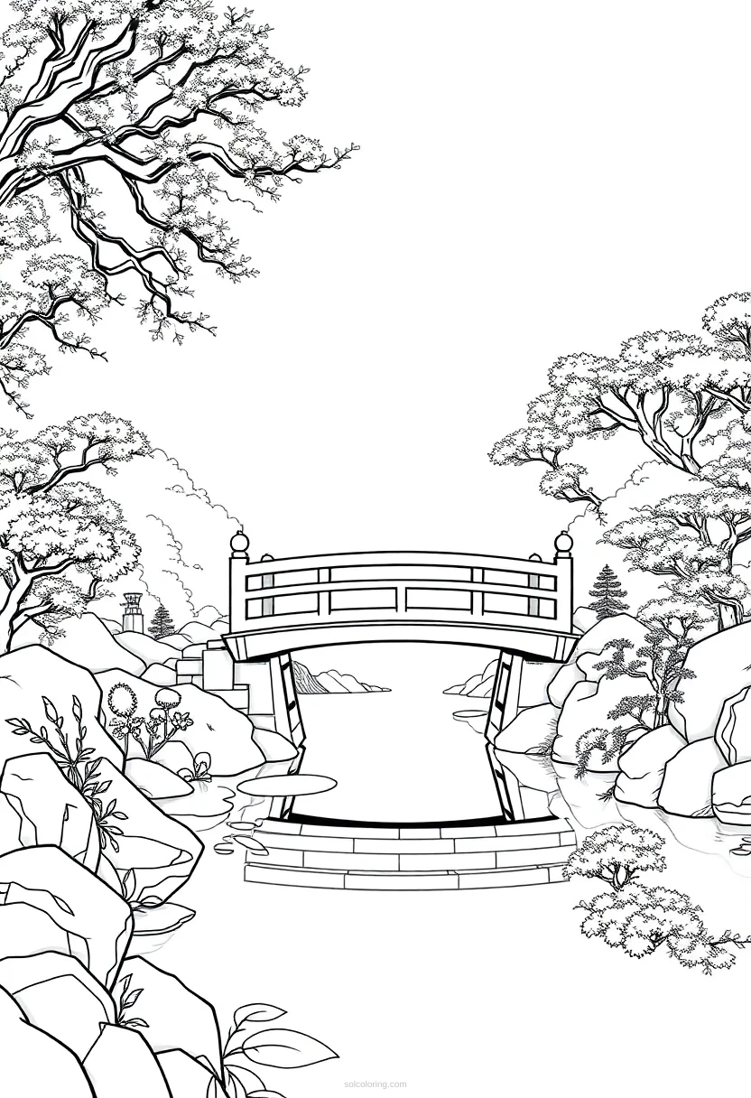 Japanese Garden with Bridge coloring page for kids