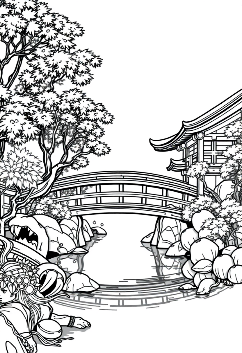 Japanese Garden with Bridge coloring page, free printable