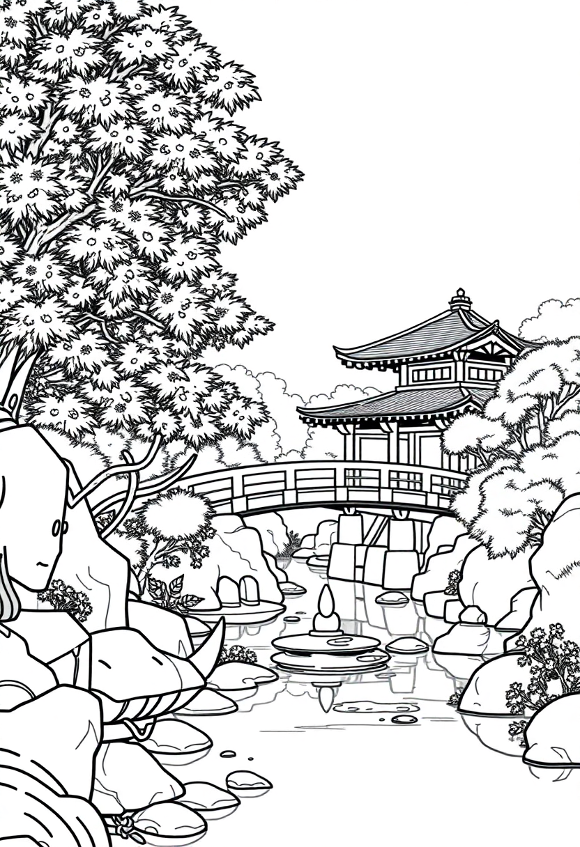 Japanese Garden with Bridge coloring page, free printable
