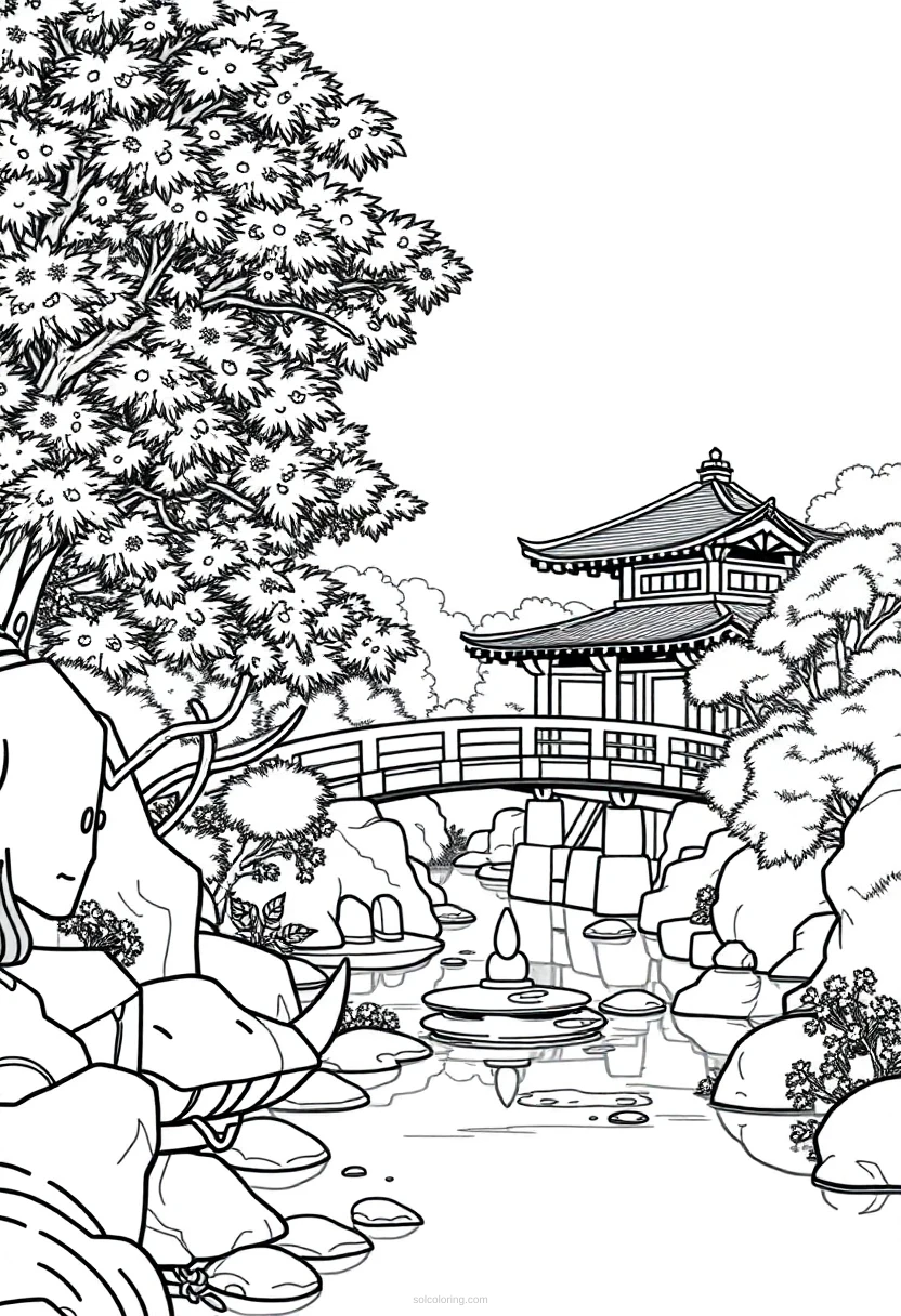 Japanese Garden with Bridge coloring page for kids
