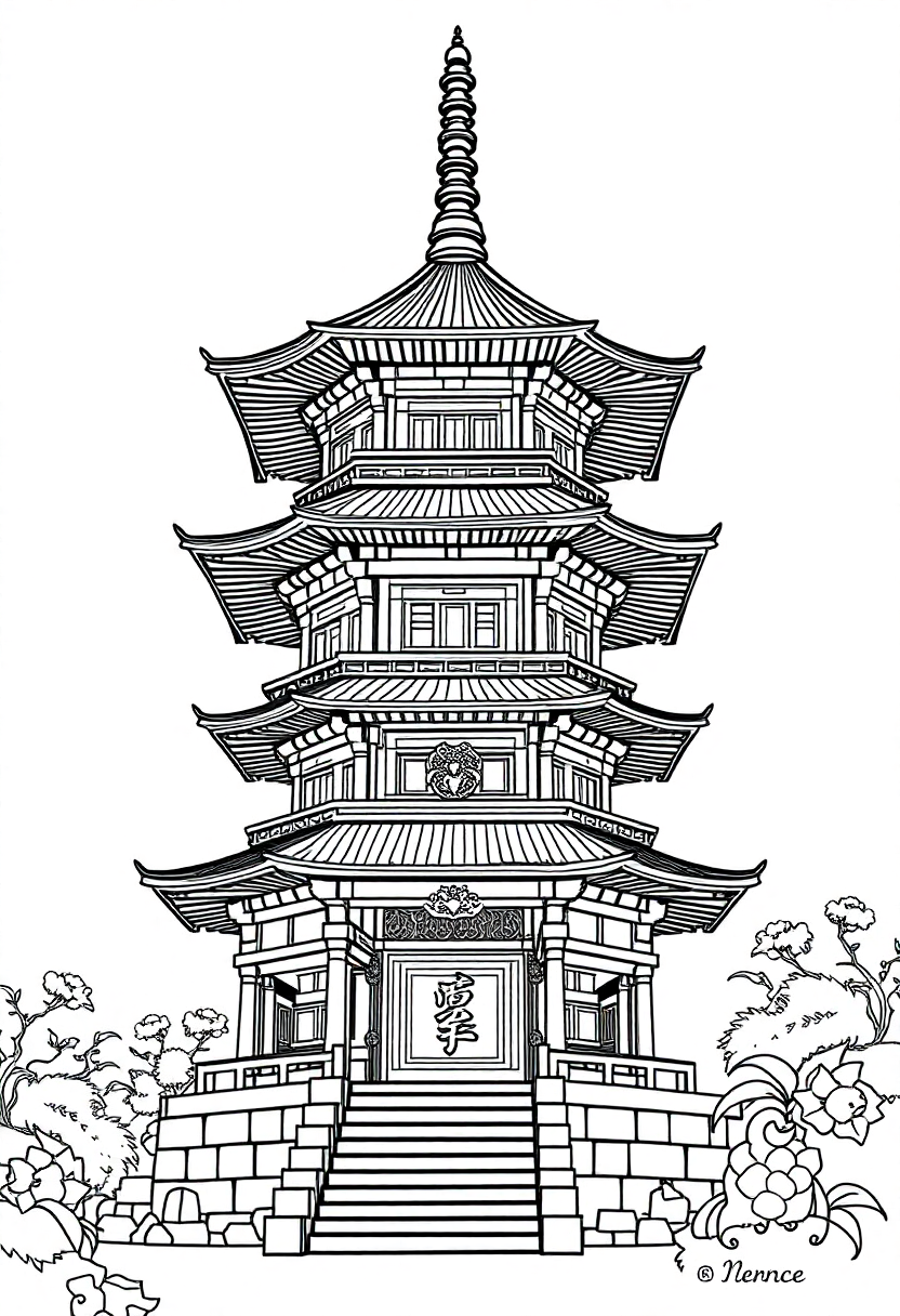 Japanese Temple Pagoda coloring page, free printable