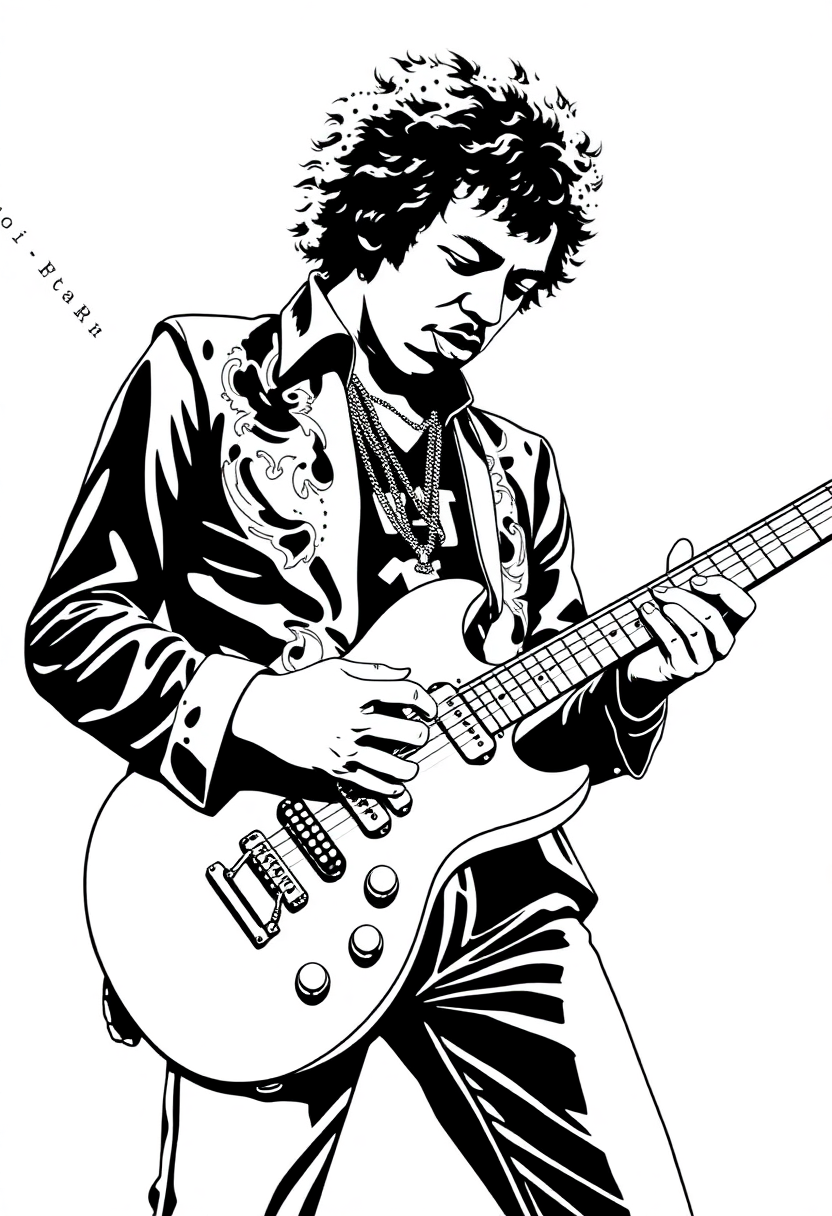 Jimi Hendrix Playing Guitar coloring page, free printable