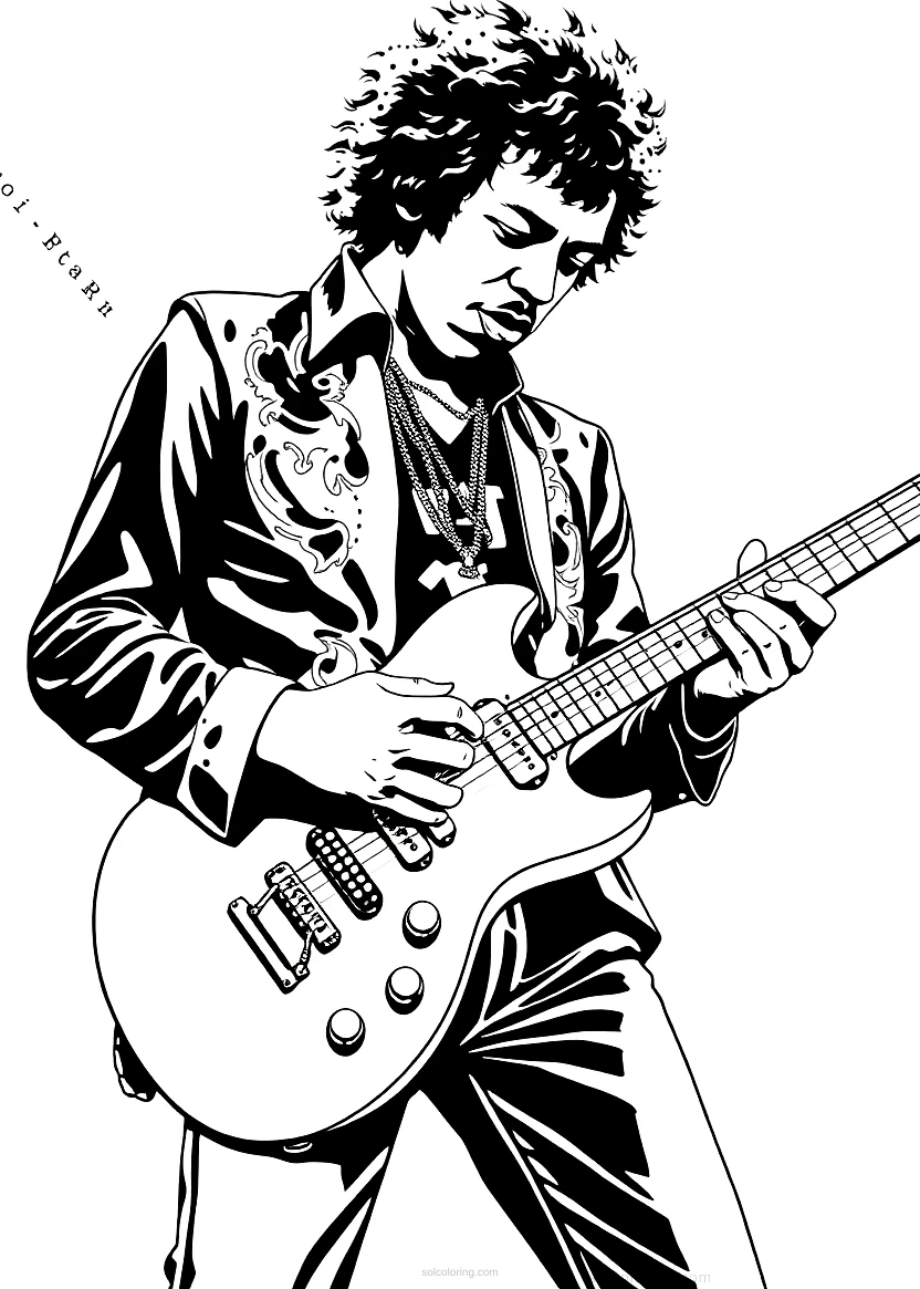 Jimi Hendrix Playing Guitar coloring page for kids