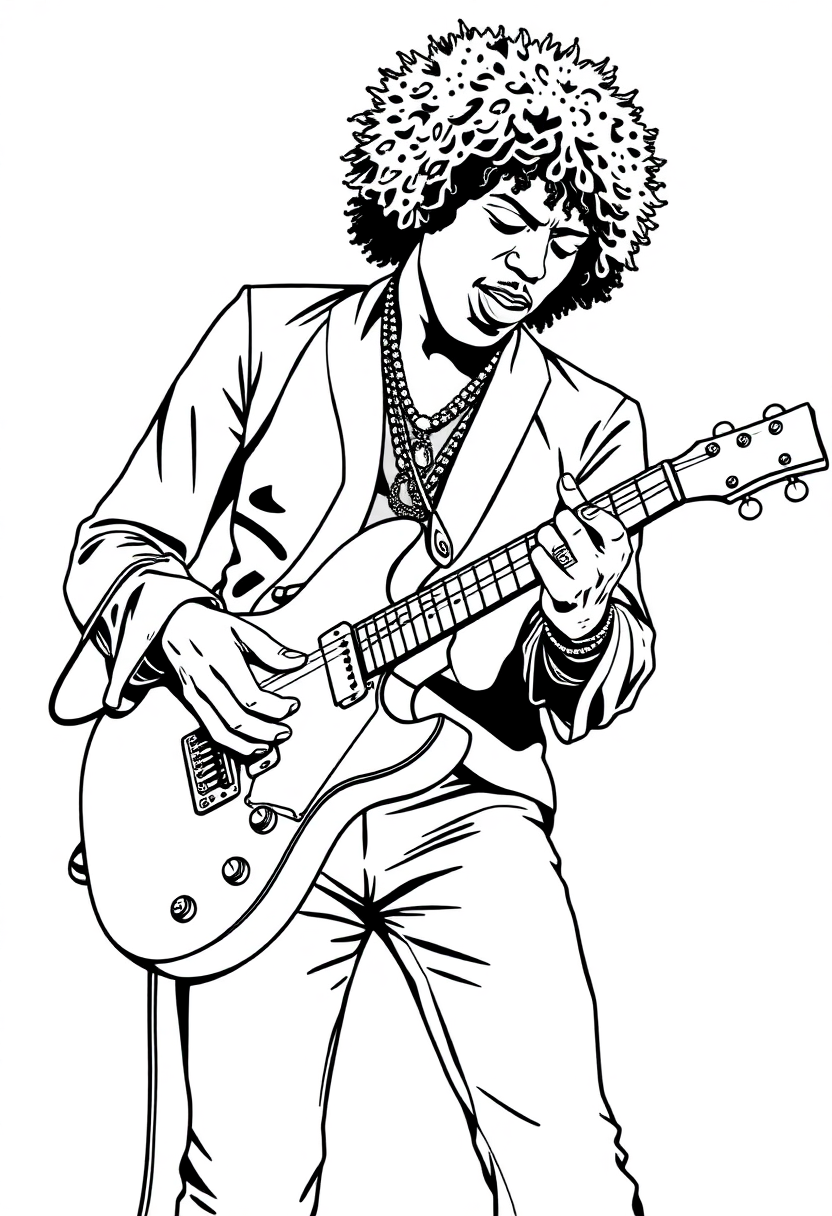 Jimi Hendrix Playing Guitar coloring page, free printable