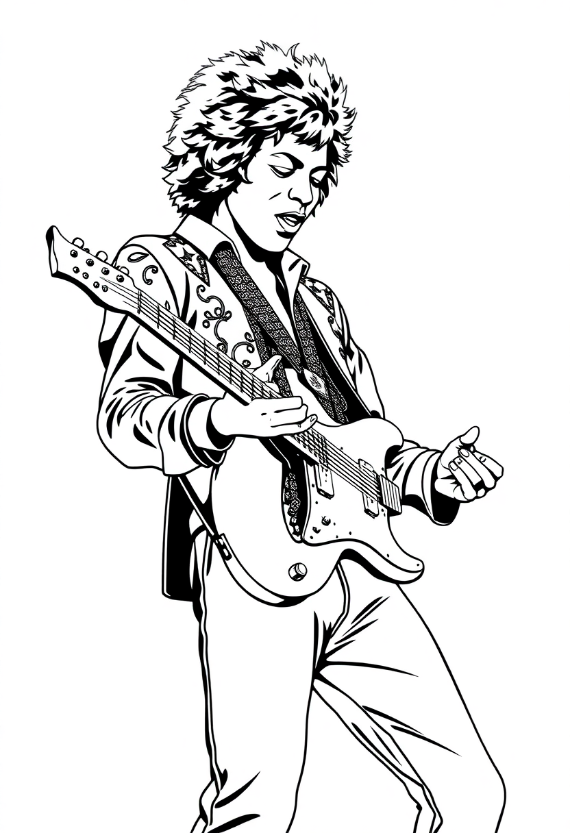 Jimi Hendrix Playing Guitar coloring page, free printable