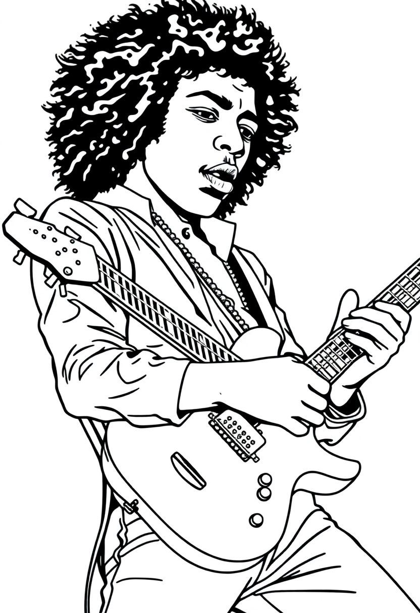 Jimi Hendrix Playing Guitar coloring page, free printable