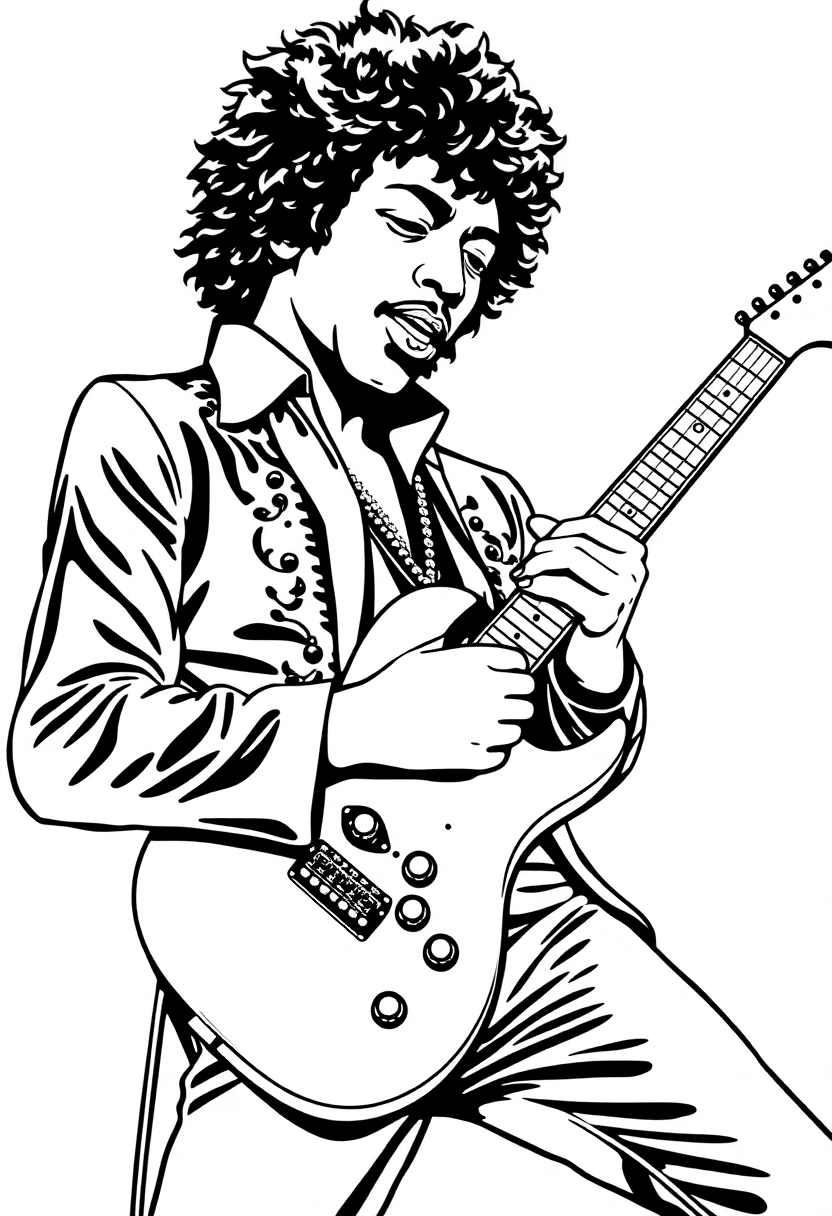 Jimi Hendrix Playing Guitar coloring page, free printable
