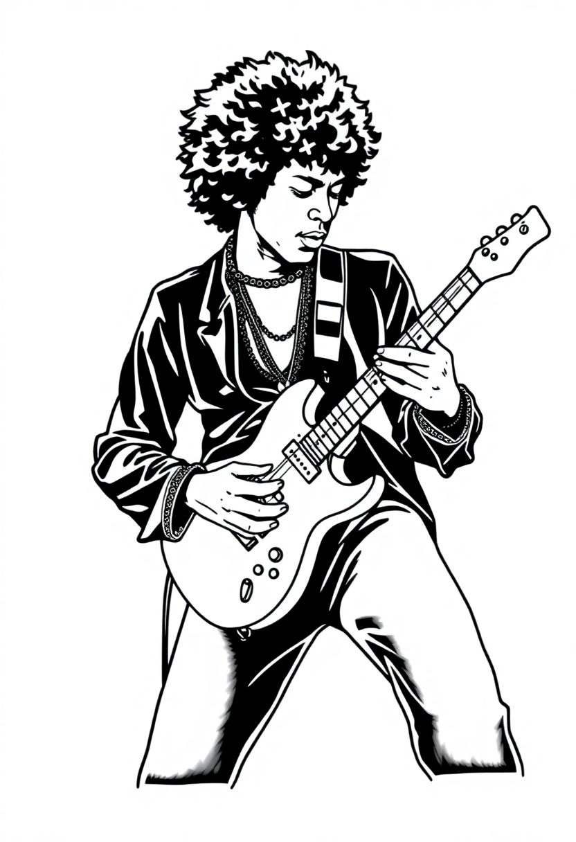 Jimi Hendrix playing electric guitar coloring page with bold outlines showing the rock legend performing with flowing hair