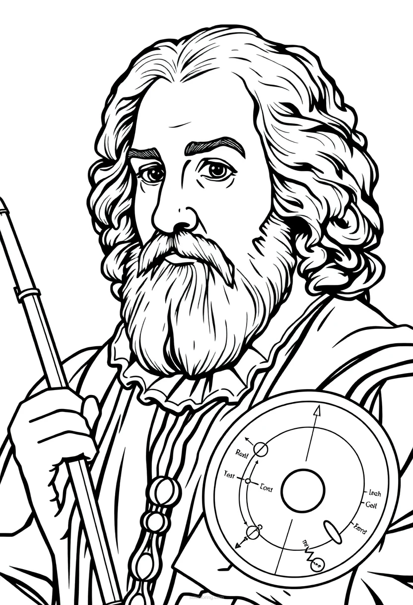 Johannes Kepler with Planetary Motion Diagrams coloring page for kids