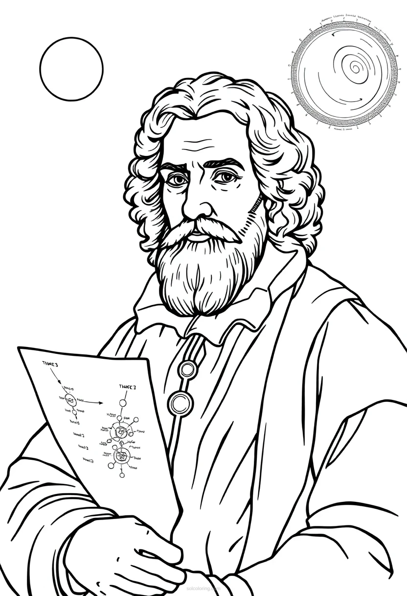 Johannes Kepler with Planetary Motion Diagrams coloring page for kids