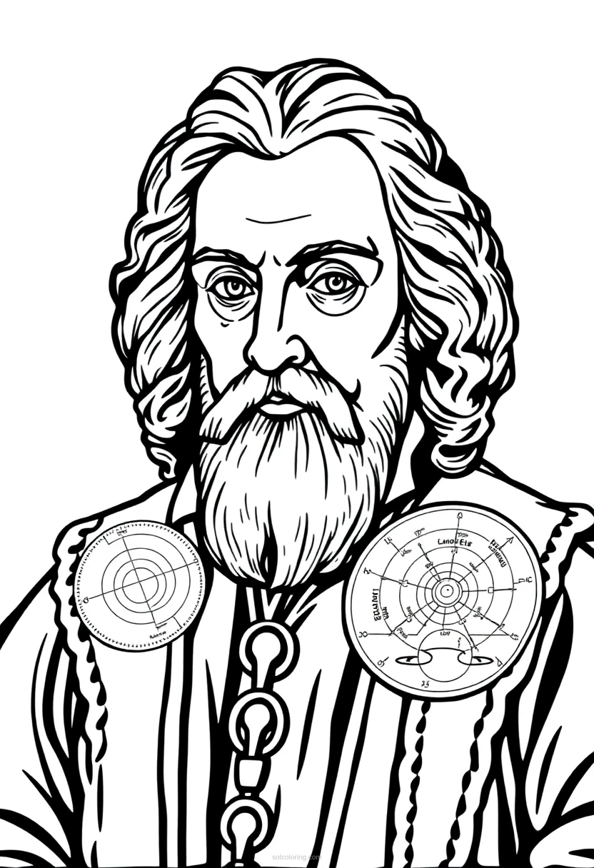 Johannes Kepler with Planetary Motion Diagrams coloring page for kids