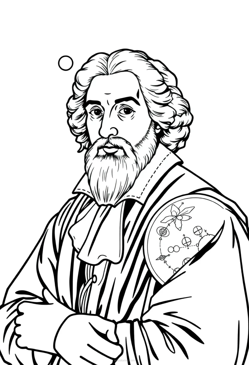 Johannes Kepler with Planetary Motion Diagrams coloring page for kids