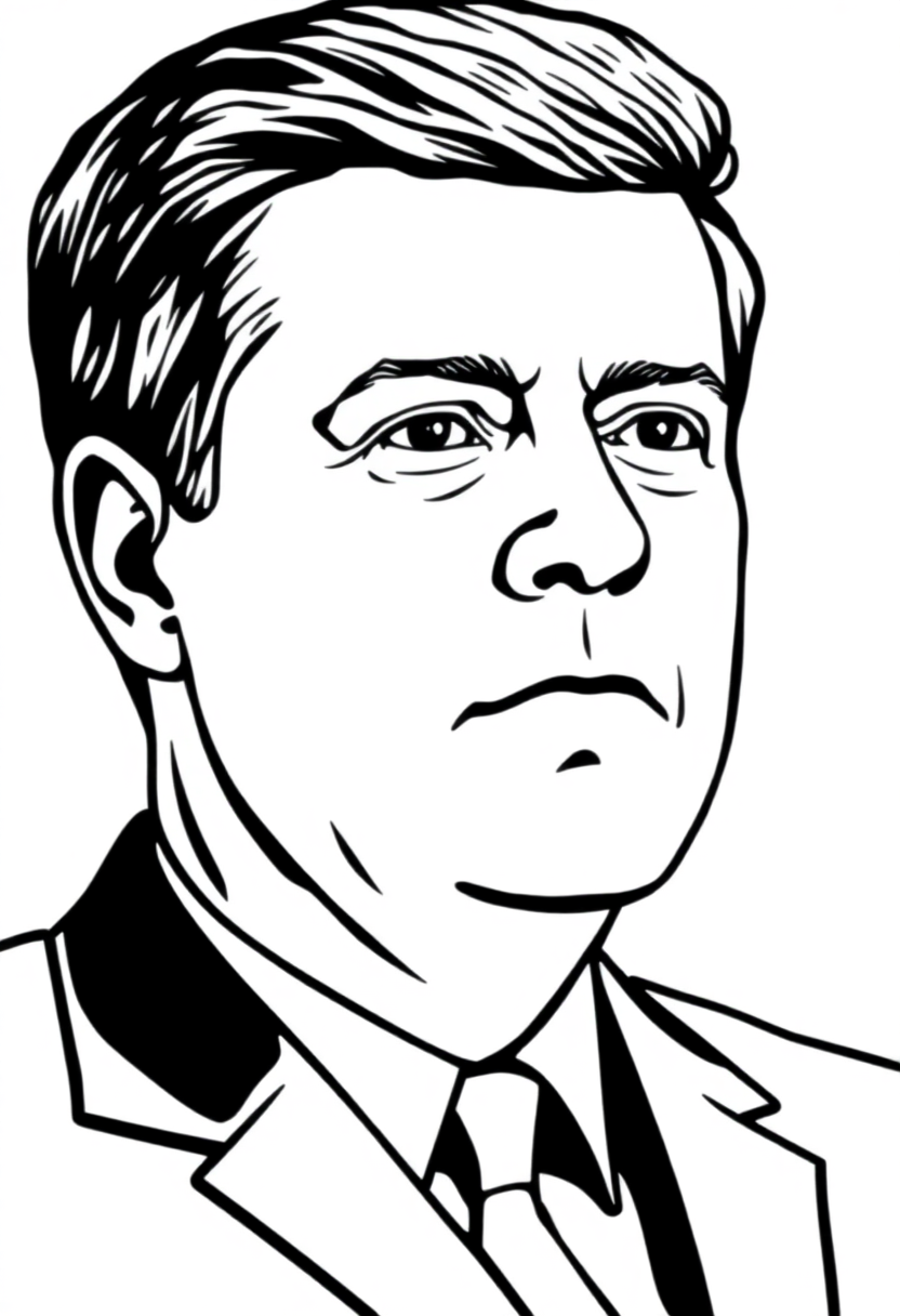 John F Kennedy profile coloring page showing the 35th President in side view with bold black outlines ready to color