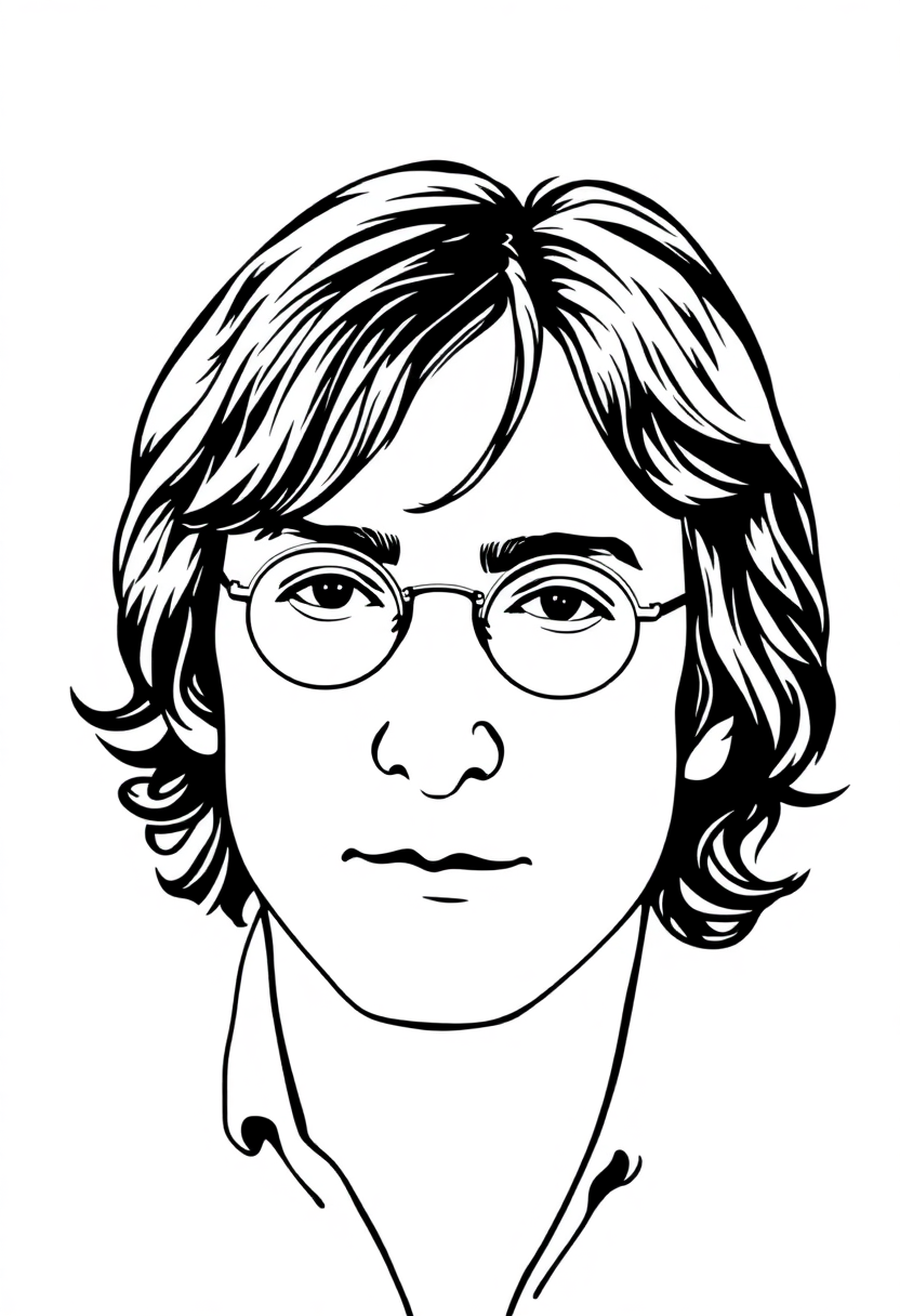 John Lennon portrait coloring page showing the Beatles musician in cute cartoon style with round glasses and bold outlines